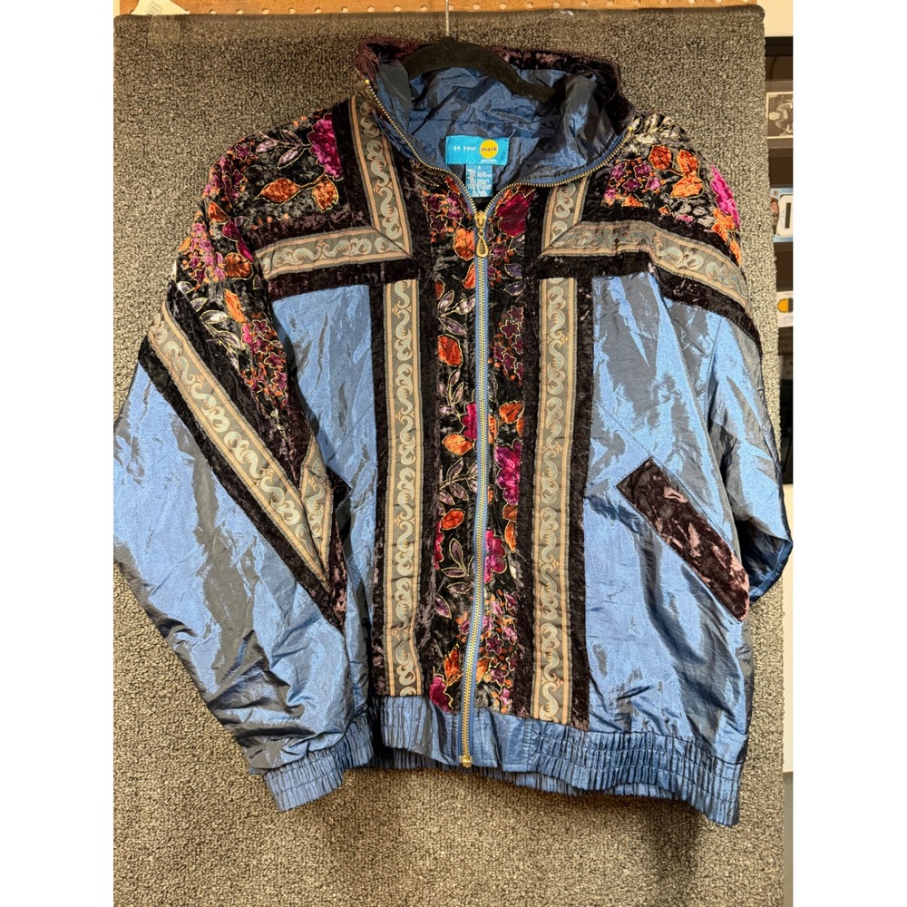 On Your Mark Windbreaker Jacket Womens Small Blue Velvet Floral Vintage